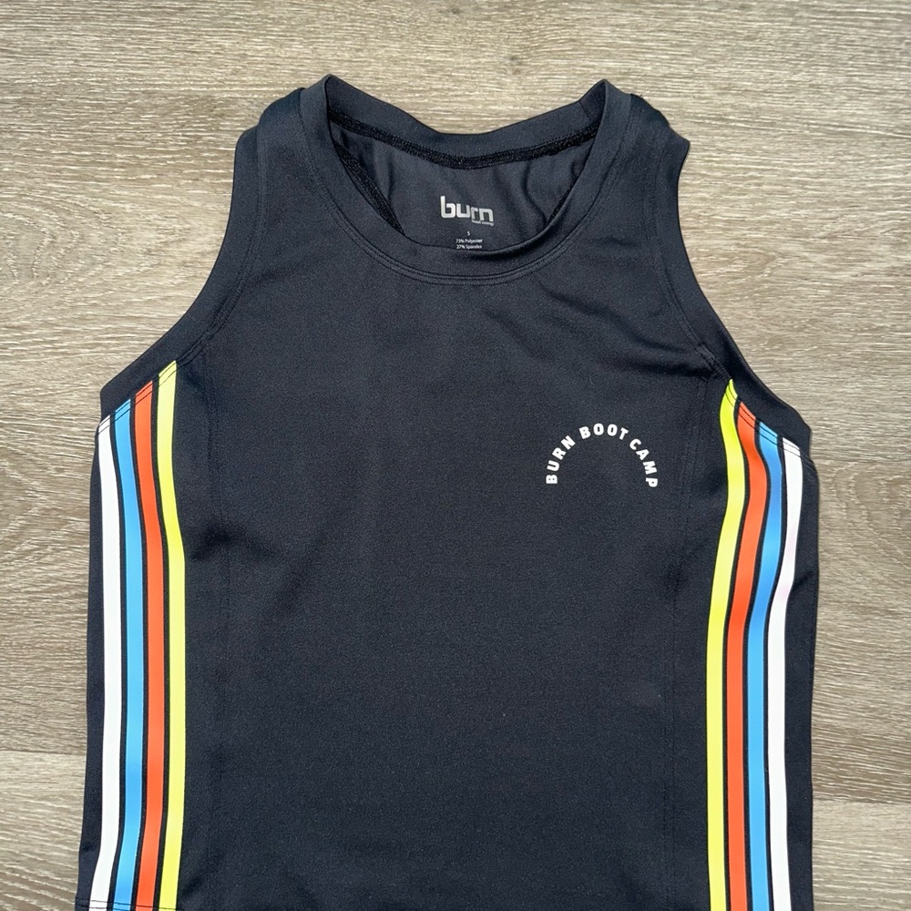 Burn Boot Camp Black Tank Top with Rainbow Stripes
